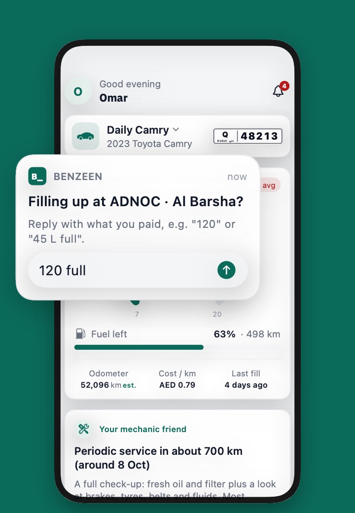 Benzeen_ on an iPhone: the Home screen with a notification asking “Filling up at ADNOC · Al Barsha?”